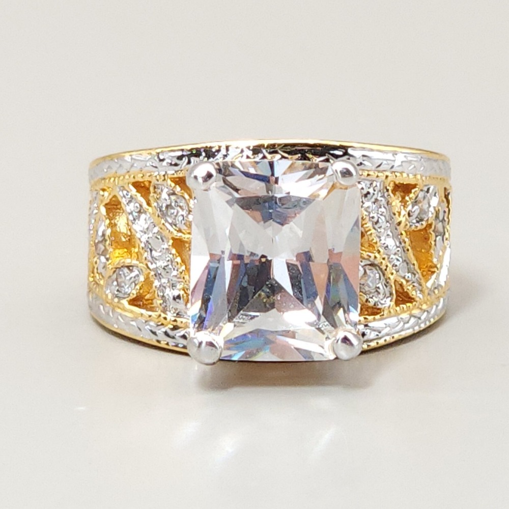 18k Yellow Gold Over 925 Sterling Silver Ring Radiant Cut clear‎ Filigree SZ 9